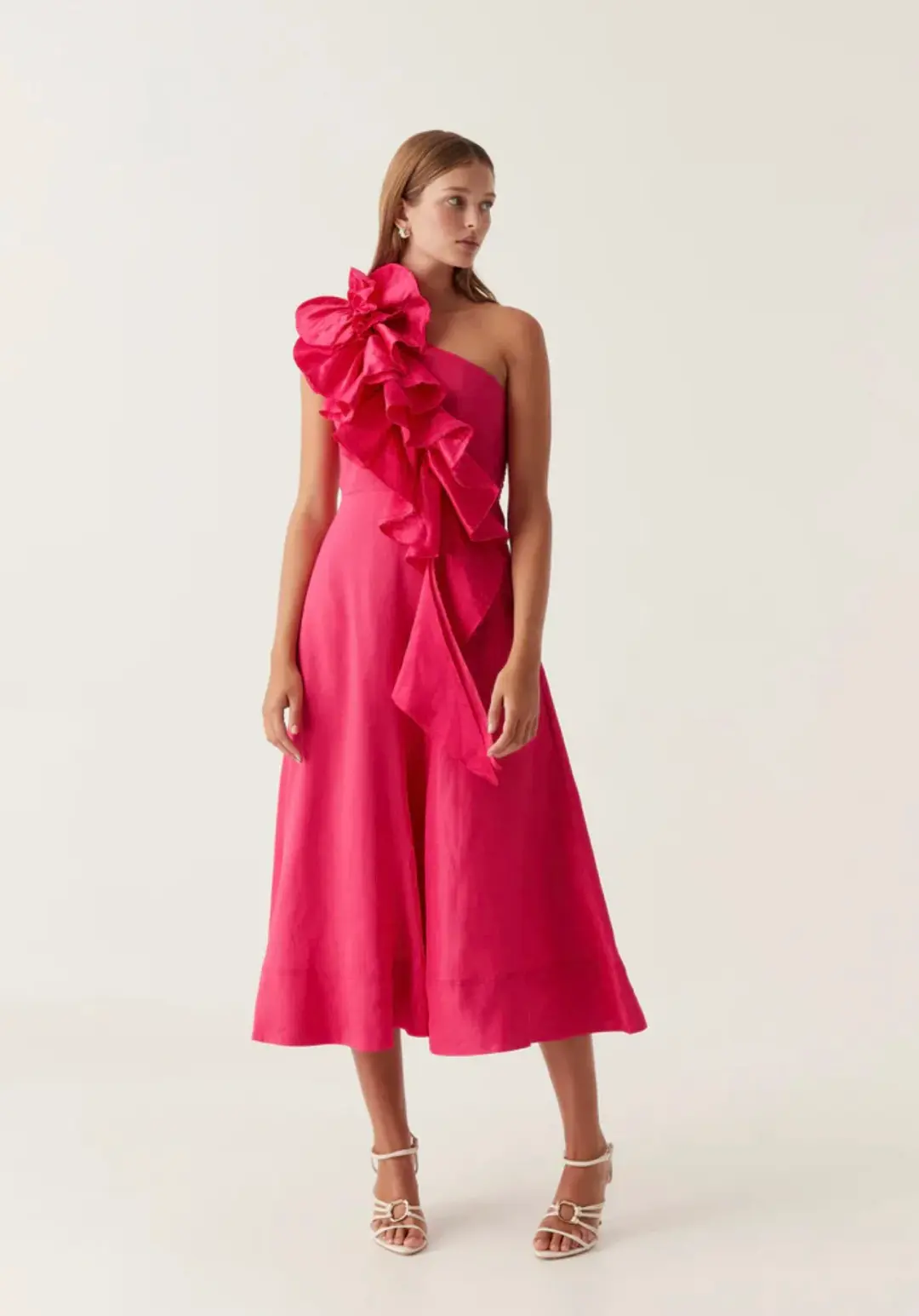 Aje Adelia Ruffle Midi Dress Bougainvillea Red Size 8 for rent on The Volte - main image