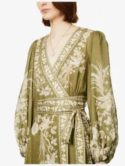 Zimmermann Anneke Floral Print Cotton Voile Wrap Midi Dress in Army Green Size 0/AU 8 for rent on The Volte - image 3
