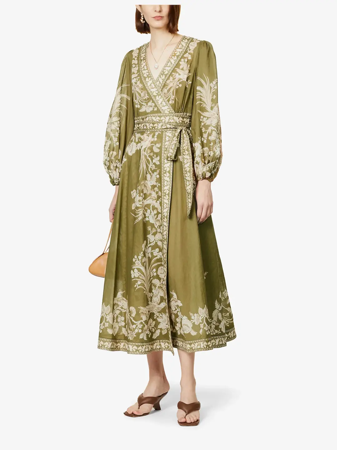 Zimmermann Anneke Floral Print Cotton Voile Wrap Midi Dress in Army Green Size 0/AU 8 for rent on The Volte - main image