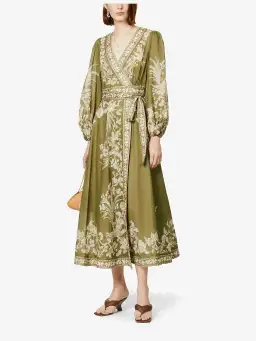 Zimmermann Anneke Floral Print Cotton Voile Wrap Midi Dress in Army Green Size 0/AU 8 for rent on The Volte - image 1