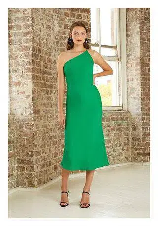By Johnny Asymmetric Crimp Bias Midi Dress Green Size 14 for rent on The Volte - main image