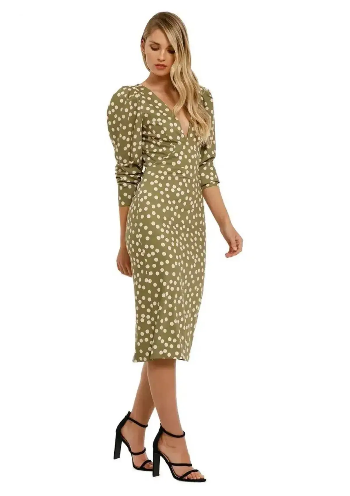 By Johnny Peach Polka V Plunge Midi Dress in Olive Peach Size 10 - Image 1