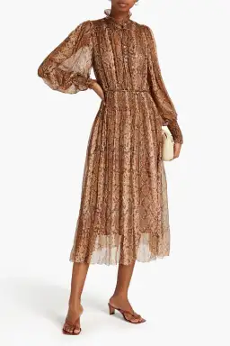 Zimmerman Belted Metallic Snake-Print Silk-Blend Chiffon Midi Dress Animal Print Size 2/AU 12