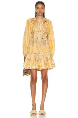 Zimmermann Raie Tiered Billow Mini Dress Gold Damask Size 0/Au 8