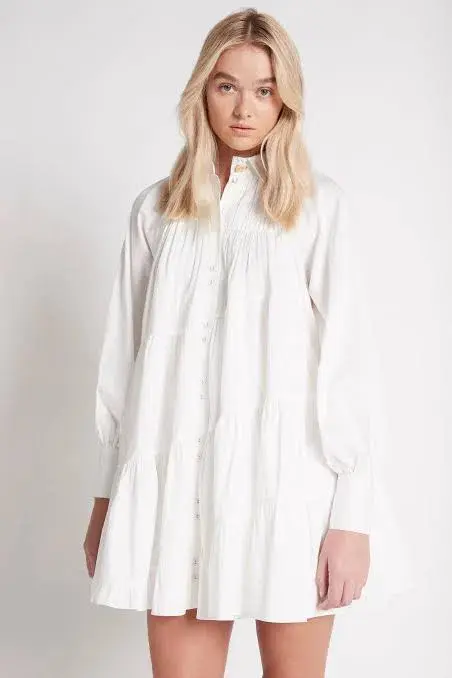 Aje Cascade Gathered Smock Mini Dress in Ivory/White Size 10 for rent on The Volte - main image