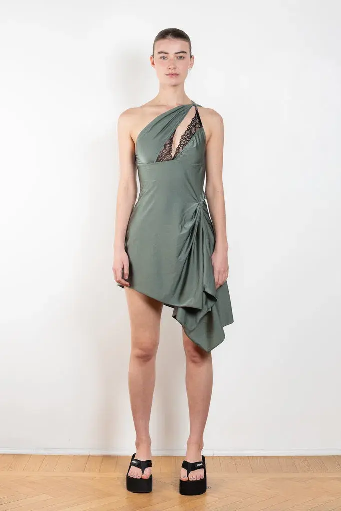 Coperni Lace-Trim Asymmetric Mini Dress Green Size 8 for rent on The Volte - main image