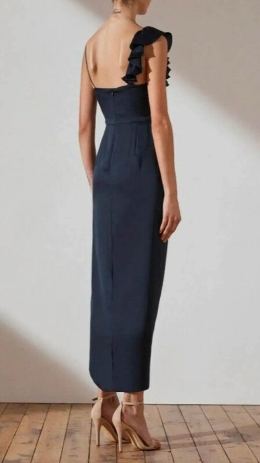 Shona Joy Luxe Asymmetrical Frill Dress Navy Size 6 for rent on The Volte - main image