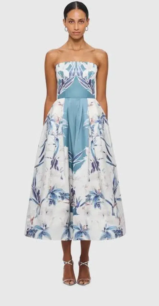 Leo Lin Lynn Bustier Midi Dress Orient Print Mist Size AU 8 for rent on The Volte - main image