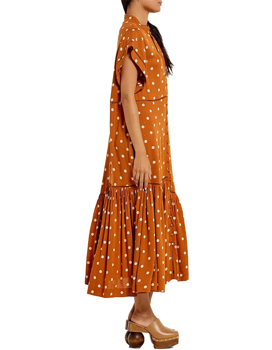 Bohemian Traders Polka Dot Lattice Midi Dress Brown Size 8 for rent on The Volte - main image