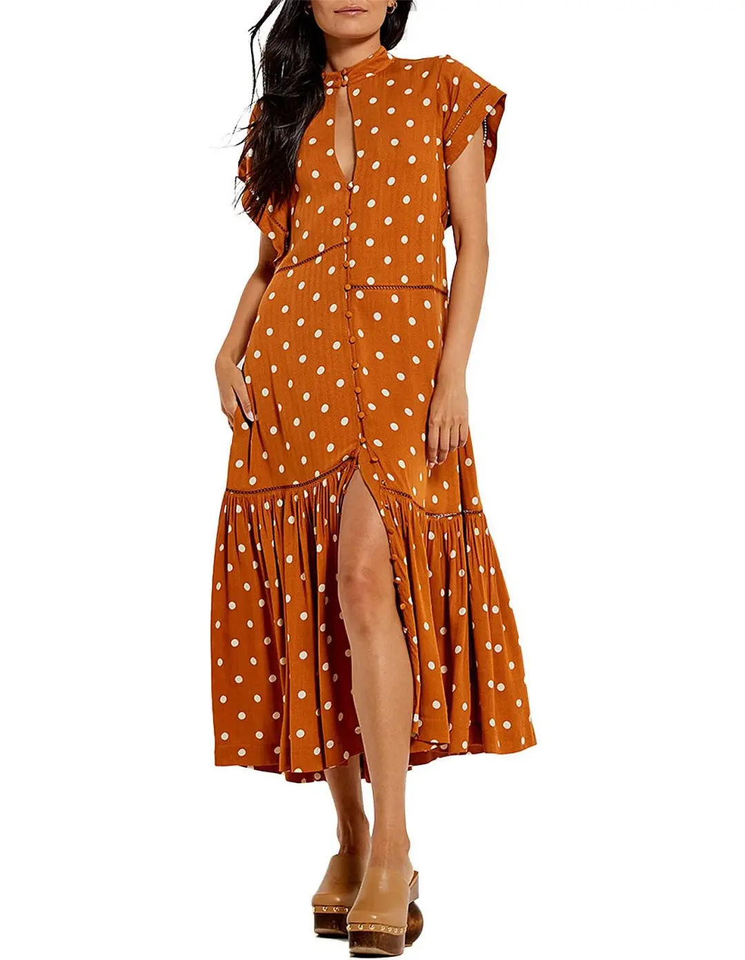 Bohemian Traders Polka Dot Lattice Midi Dress Brown Size 8 for rent on The Volte - main image