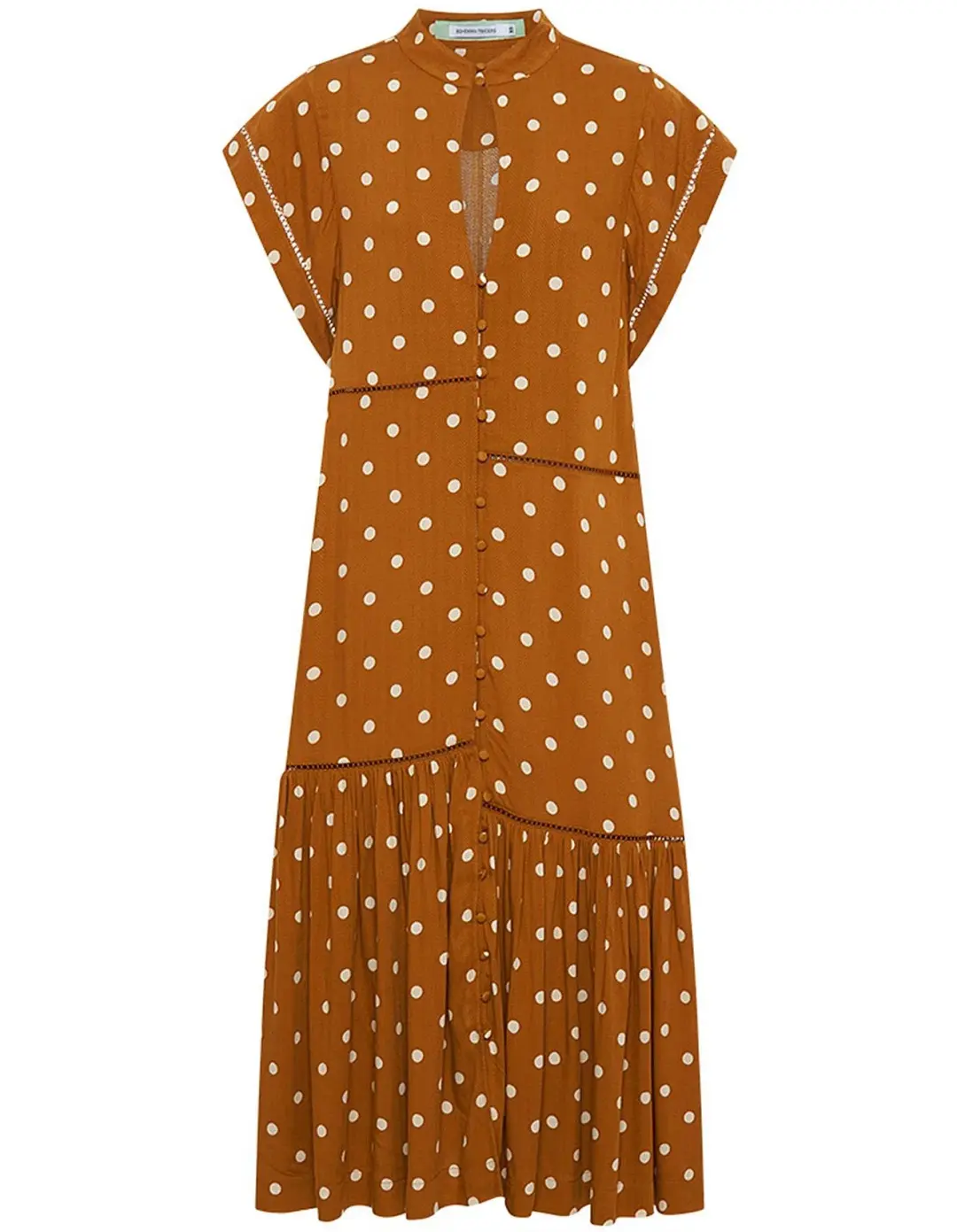 Bohemian Traders Polka Dot Lattice Midi Dress Brown Size 8 for rent on The Volte - main image