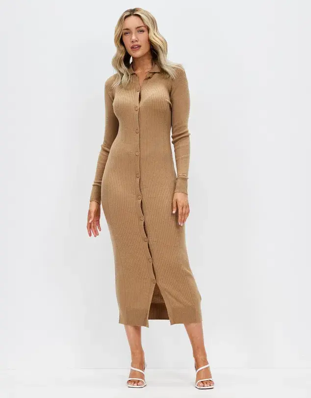 Calvin Klein Wool Tencel Rib Midi Dress Safari Canvas Size 10 for rent on The Volte - main image