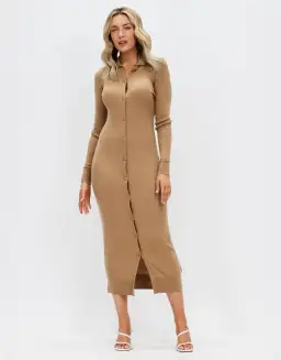 Calvin Klein Wool Tencel Rib Midi Dress Safari Canvas Size 10 for rent on The Volte - image 1