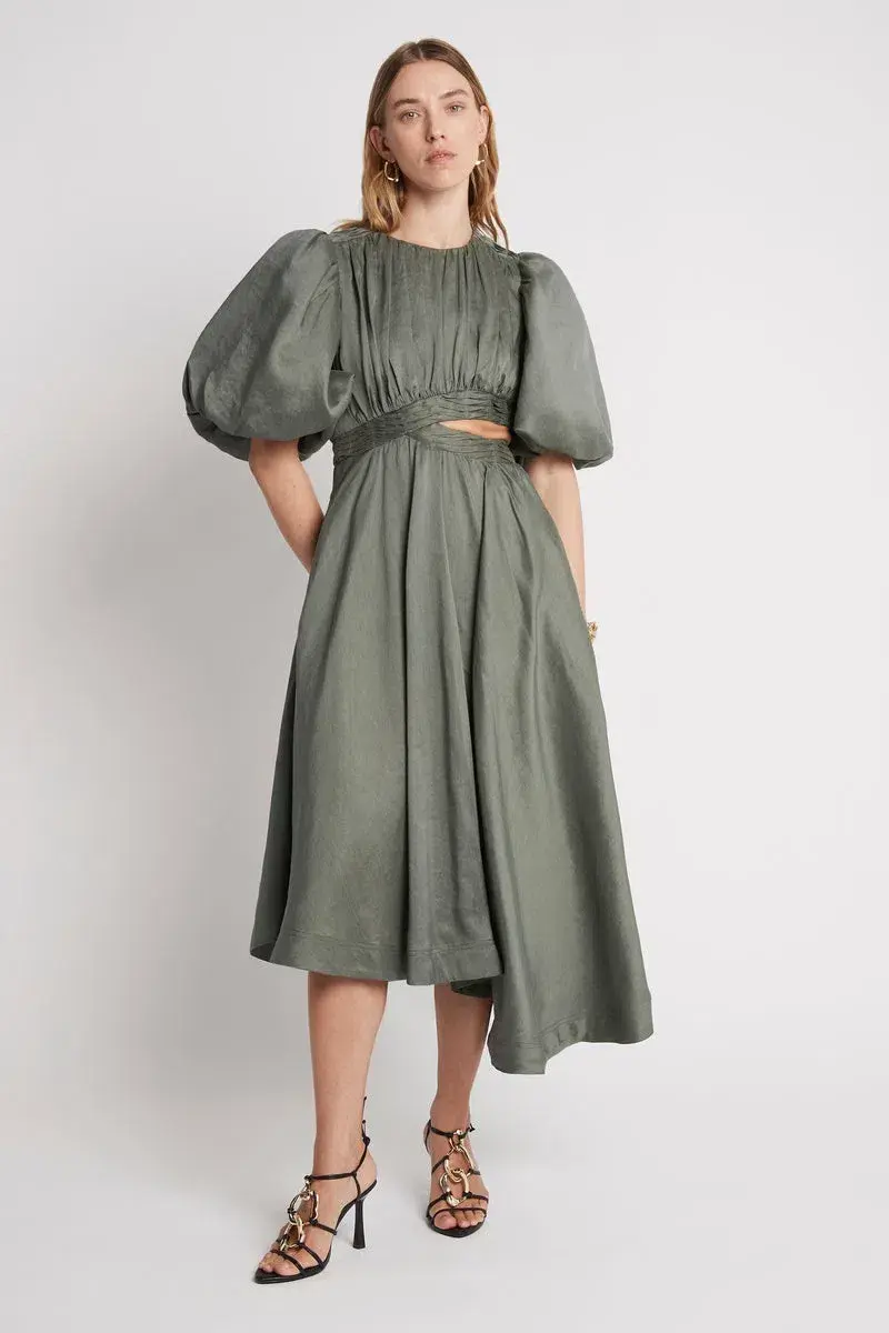 Aje Tidal Tucked Cut Out Midi Dress Oakmoss Size 14 for rent on The Volte - main image