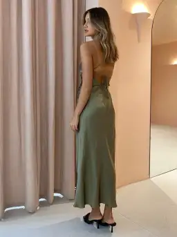 Shona Joy La Lune Gathered Square Neck Bias Midi Dress in Moss Size 6 / XS for rent on The Volte - image 2