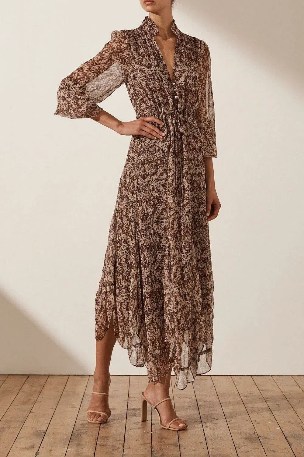 Shona Joy Blossom Plunged Midi Dress In Choc/Multi Size 6 for rent on The Volte - main image