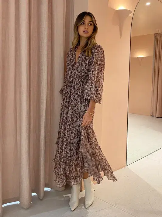 Shona Joy Blossom Plunged Midi Dress In Choc/Multi Size 6 for rent on The Volte - main image