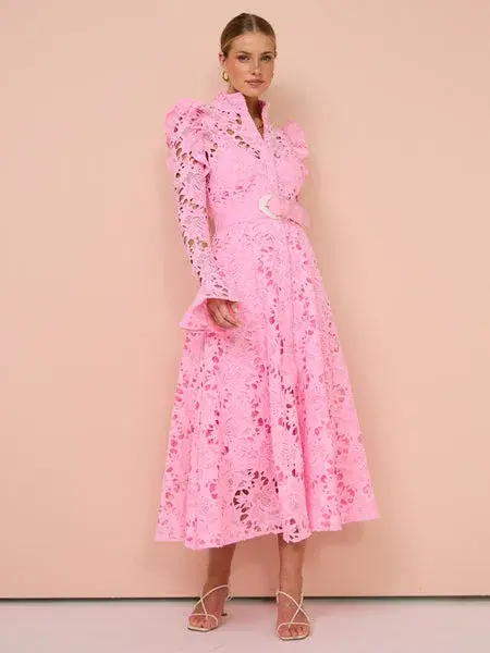 Leo Lin Aliya Butterfly Sleeve Midi Dress Candy Pink Size 10 for rent on The Volte - main image