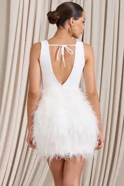Club L London Flirt Plunge Front Mini Dress with Feather Skirt White Size 4 for rent on The Volte - image 5
