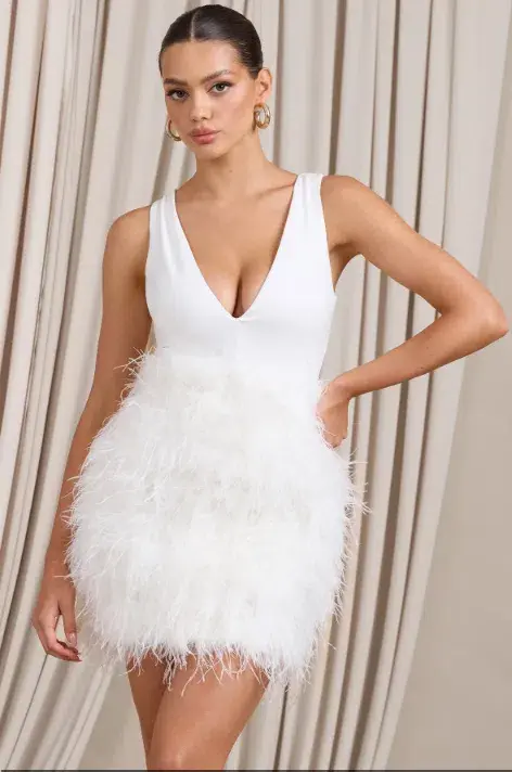 Club L London Flirt Plunge Front Mini Dress with Feather Skirt White Size 4 for rent on The Volte - main image