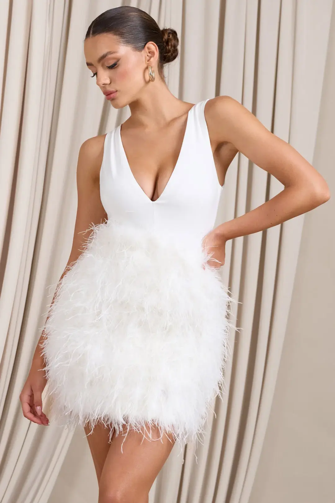 Club L London Flirt Plunge Front Mini Dress with Feather Skirt White Size 4 for rent on The Volte - main image