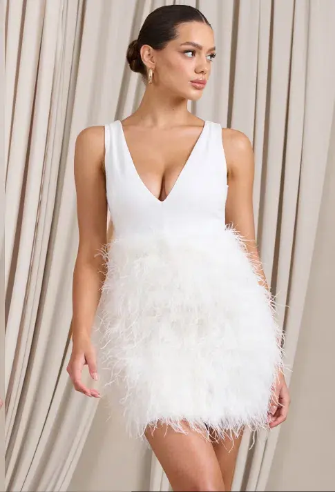 Club L London Flirt Plunge Front Mini Dress with Feather Skirt White Size 4 for rent on The Volte - main image