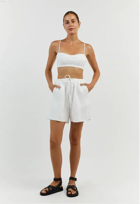 DISSH Aisle Linen Tier Long Skirt and Vienna Linen Curved Crop Top Set White Size 6 AU for rent on The Volte - main image