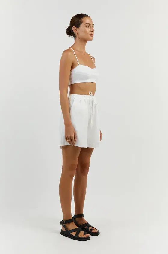 DISSH Aisle Linen Tier Long Skirt and Vienna Linen Curved Crop Top Set White Size 6 AU for rent on The Volte - main image