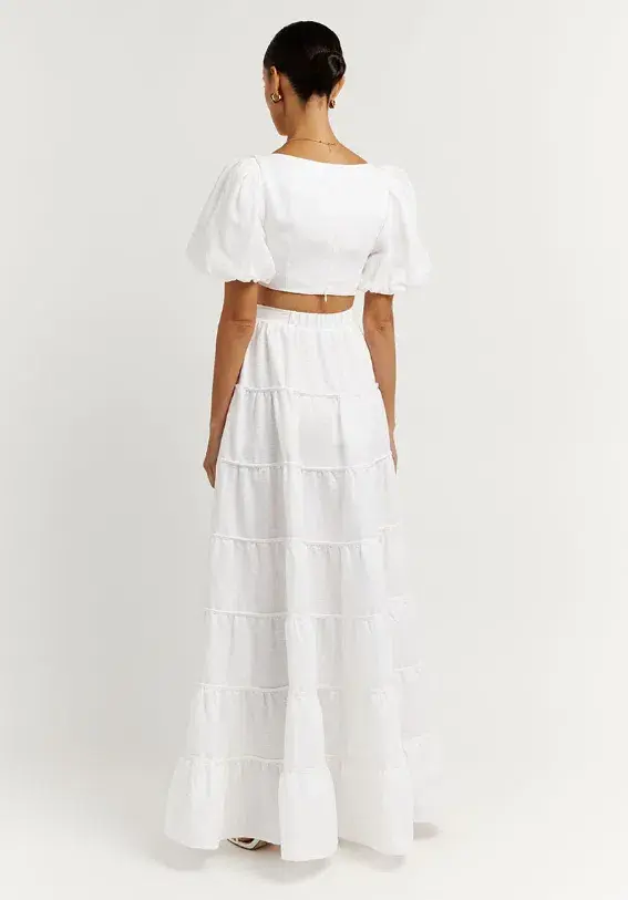 DISSH Aisle Linen Tier Long Skirt and Vienna Linen Curved Crop Top Set White Size 6 AU for rent on The Volte - main image