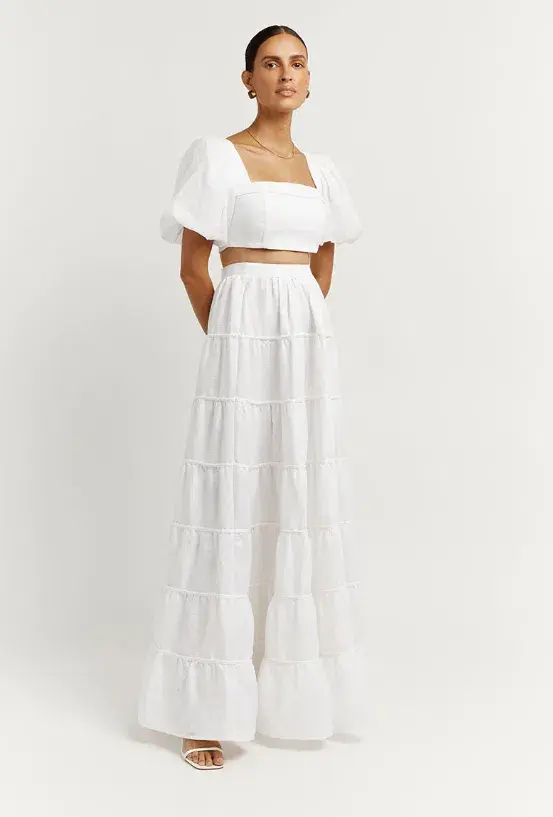 DISSH Aisle Linen Tier Long Skirt and Vienna Linen Curved Crop Top Set White Size 6 AU for rent on The Volte - main image