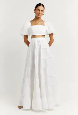 DISSH Aisle Linen Tier Long Skirt and Vienna Linen Curved Crop Top Set White Size 6 AU for rent on The Volte - image 1