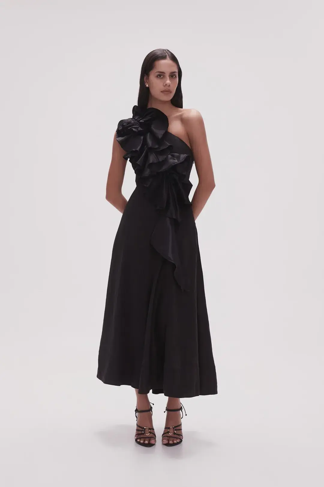 Aje Adelia Ruffle Midi Dress Black Size 12 for rent on The Volte - main image