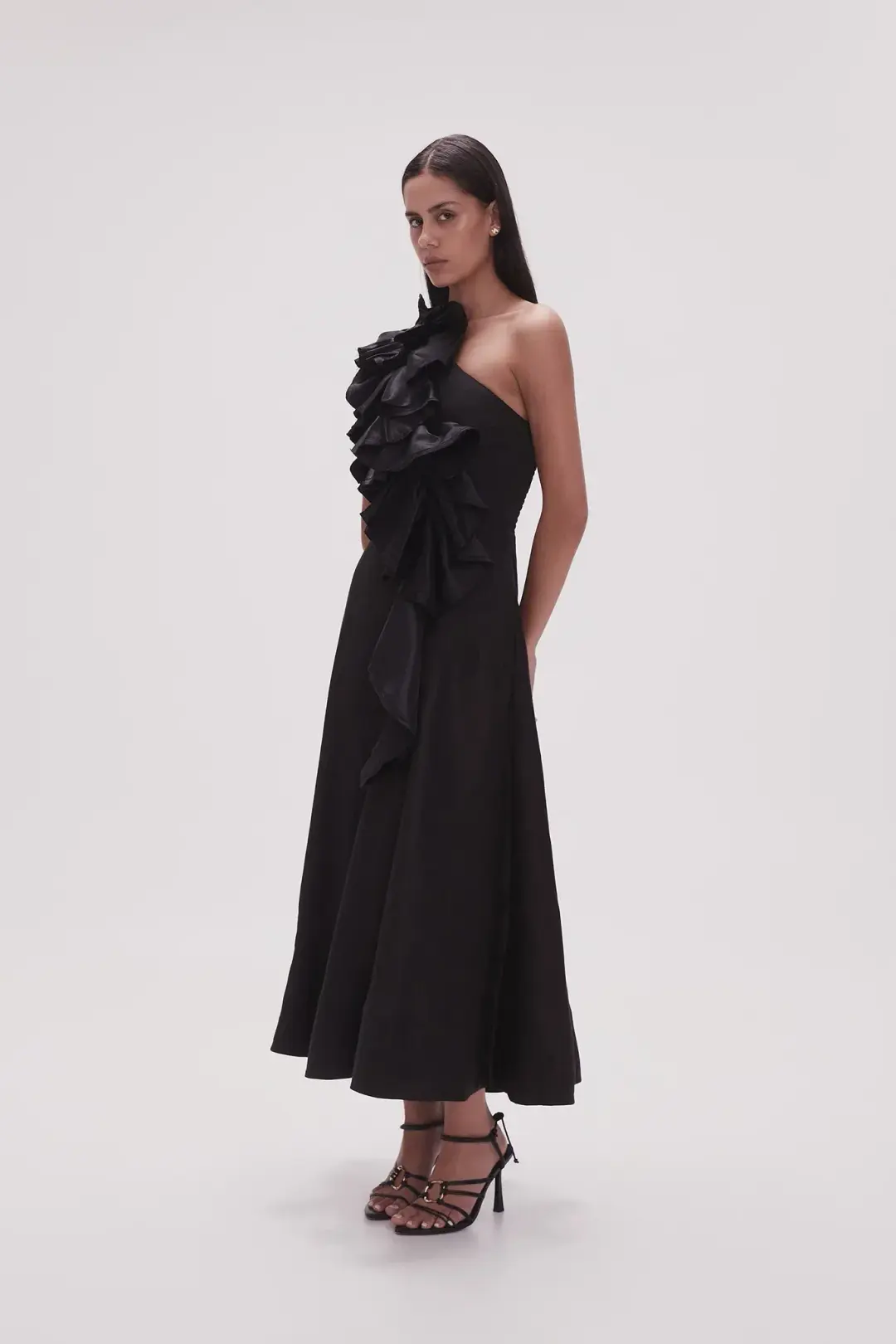 Aje Adelia Ruffle Midi Dress Black Size 12 for rent on The Volte - main image
