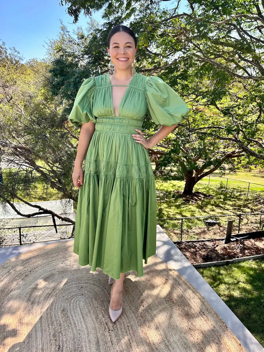 Aje Fallingwater Pintuck-pleated Cotton Midi Dress Khaki Size 12 for rent on The Volte - main image