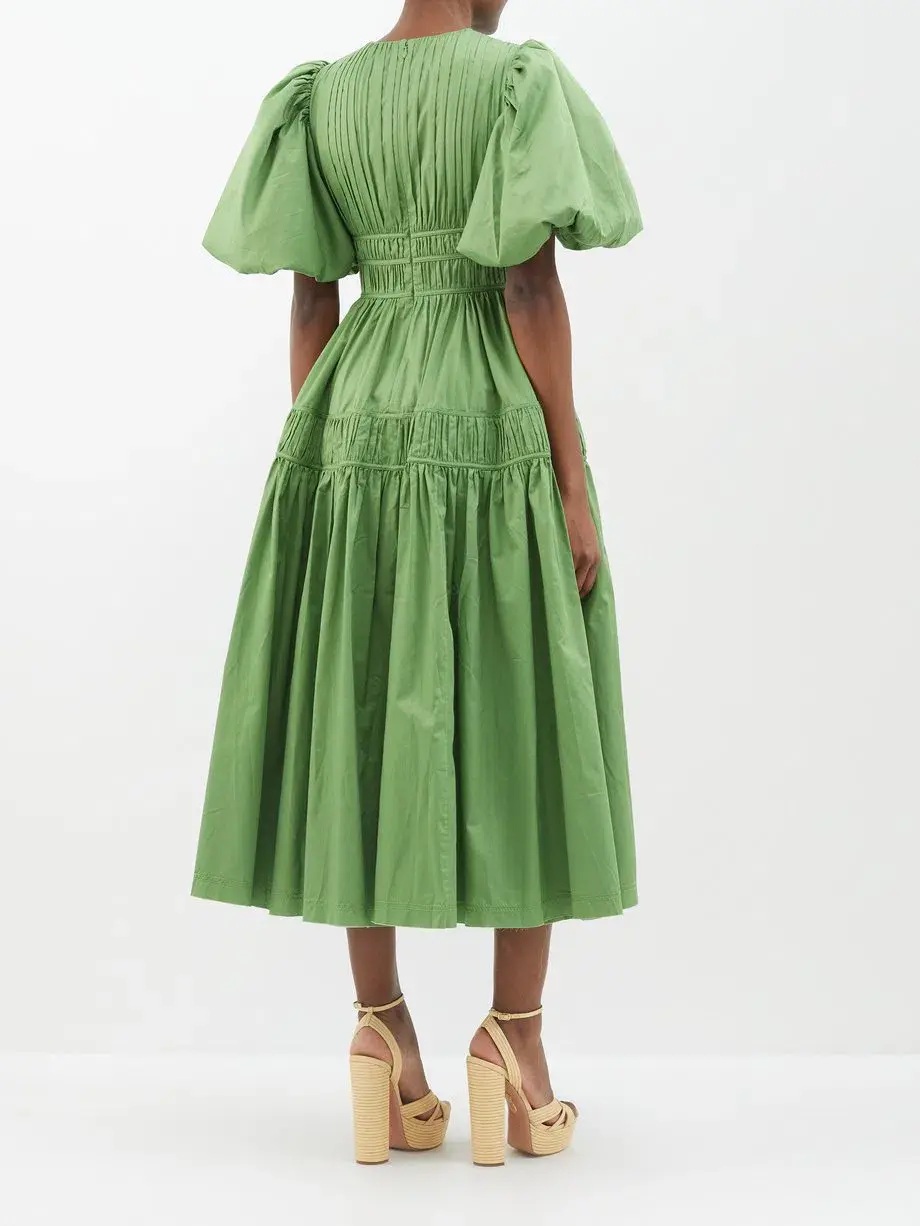 Aje Fallingwater Pintuck-pleated Cotton Midi Dress Khaki Size 12 for rent on The Volte - main image