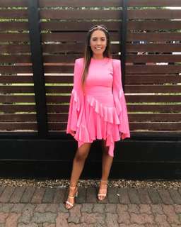 Alex Perry Ridgley Satin Crepe Long Sleeve Ruffle Mini in Pink