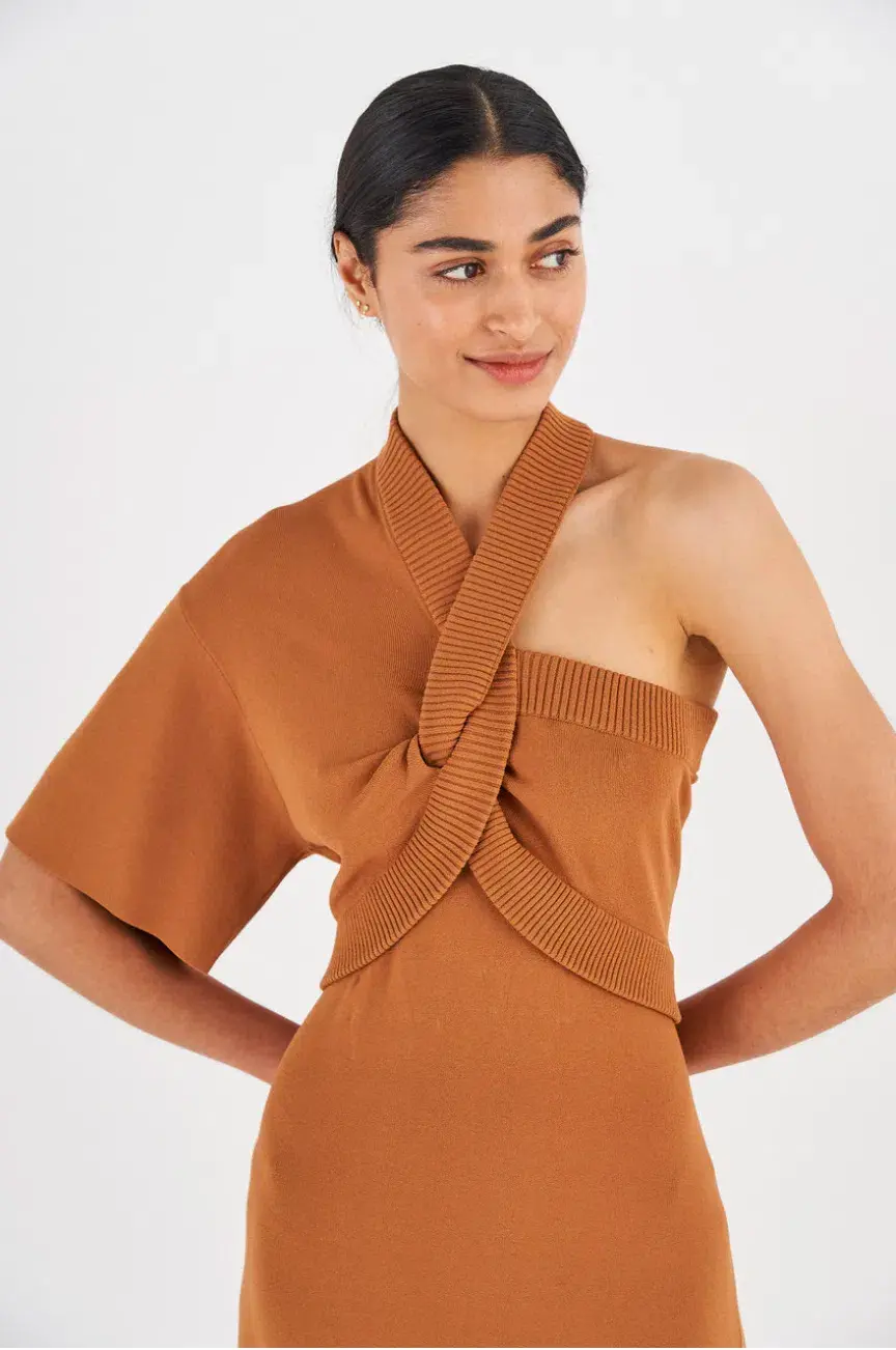 Oroton Asymmetric Dress in Toffee Size M / AU 10 for rent on The Volte - main image