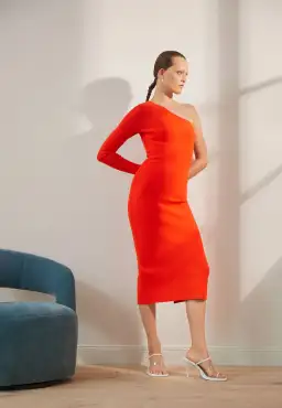 Victoria Beckham Body One Shoulder Midi Dress Red Orange Size 10 for rent on The Volte - image 1