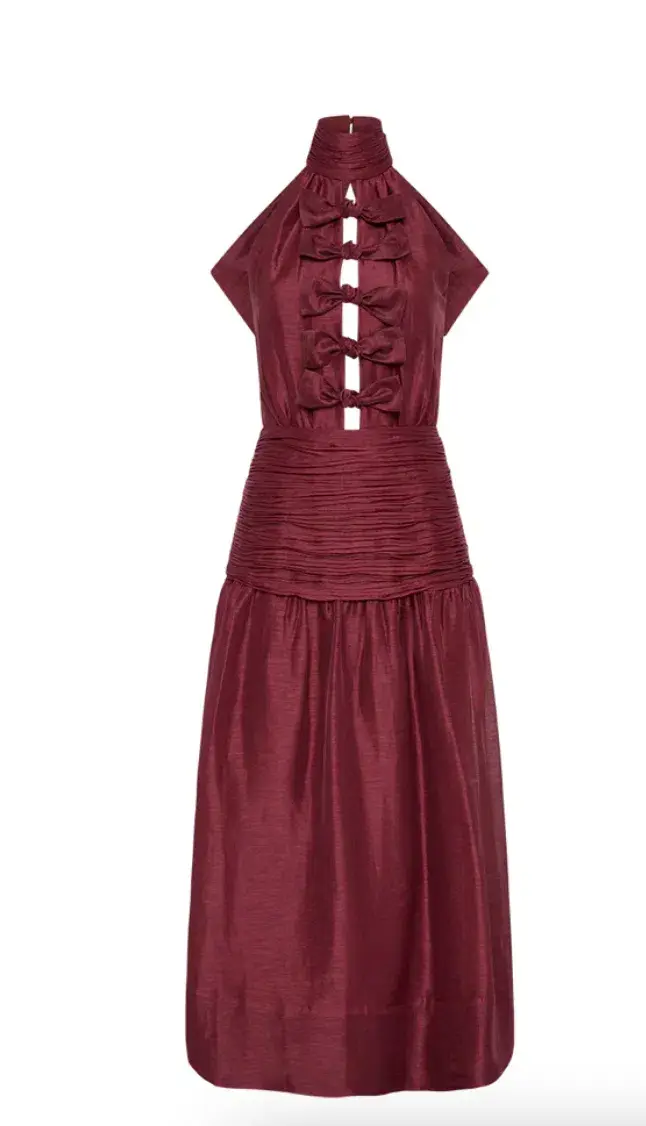 Rebecca Vallance Bordeaux Bow Midi Dress Ox Blood Size 8 for rent on The Volte - main image