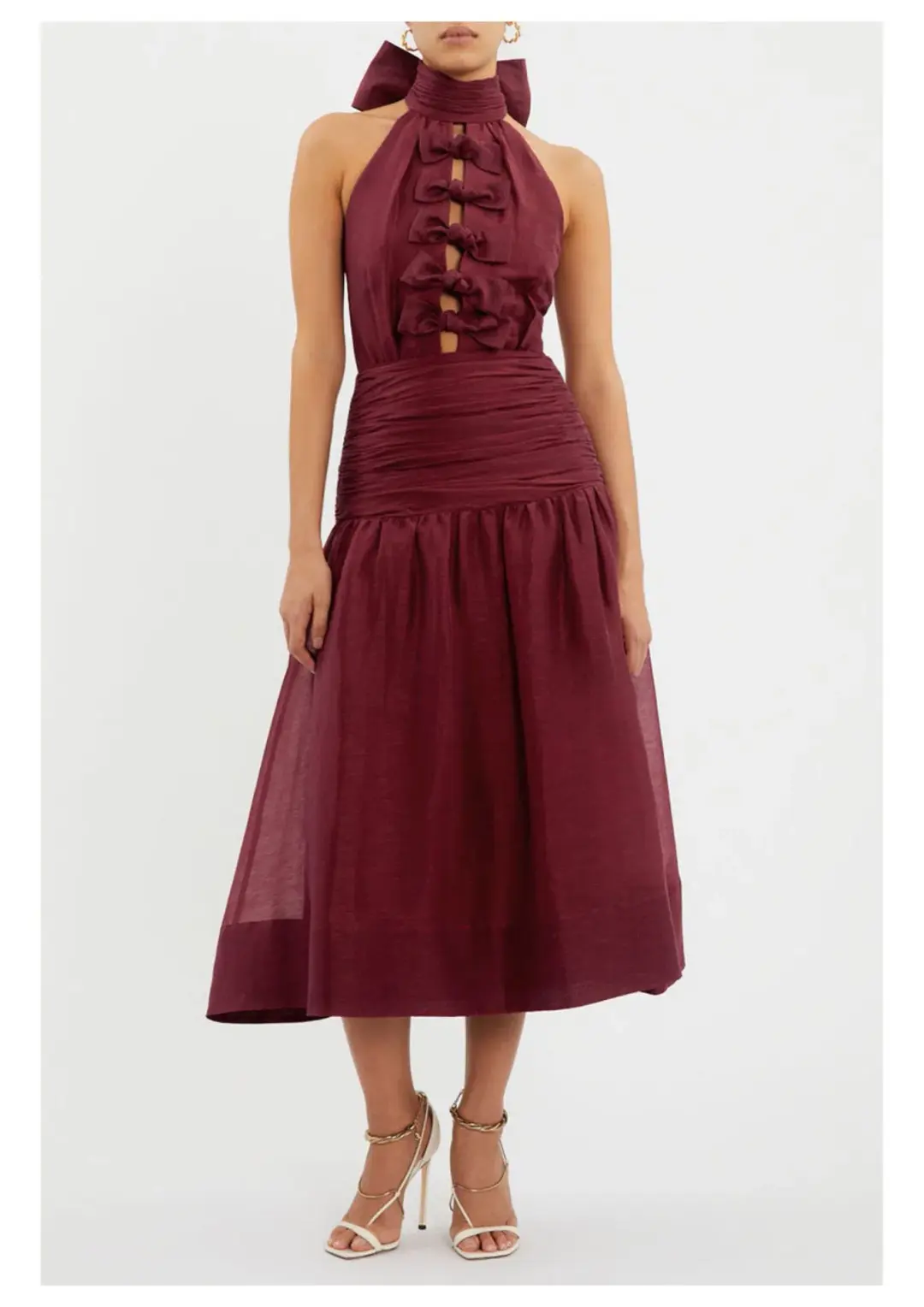 Rebecca Vallance Bordeaux Bow Midi Dress Ox Blood Size 8 for rent on The Volte - main image