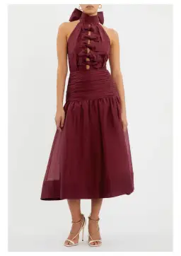 Rebecca Vallance Bordeaux Bow Midi Dress Ox Blood Size 8 for rent on The Volte - image 1