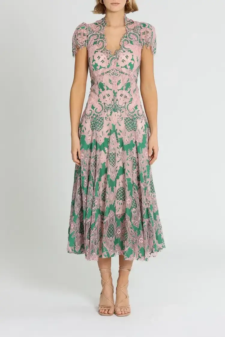 Moss and Spy Sienna Cap Sleeve Midi Dress in Green and Pink Size 14 for rent on The Volte - main image