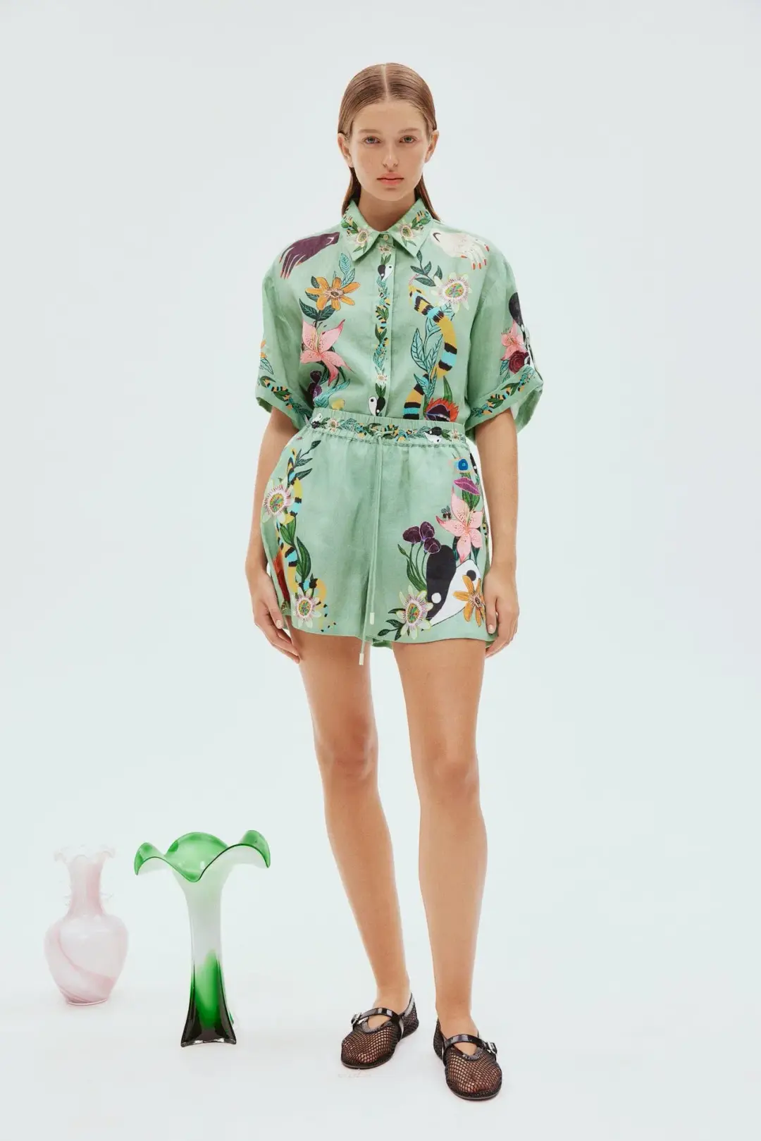 Alemais Meagan Oversized Linen Shirt & Shorts Set Green Multi Size 10 for rent on The Volte - main image
