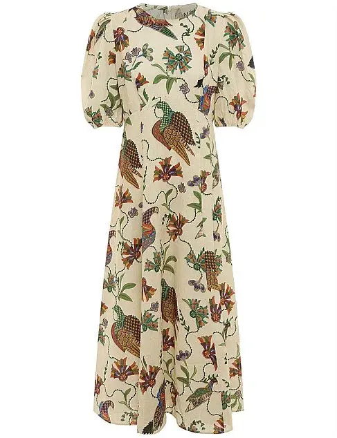 Alemais Birdie Puff-Sleeve Printed Linen Midi Dress Ivory/Print Size 16 for rent on The Volte - main image