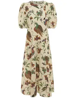 Alemais Birdie Puff-Sleeve Printed Linen Midi Dress Ivory/Print Size 16 for rent on The Volte - image 4