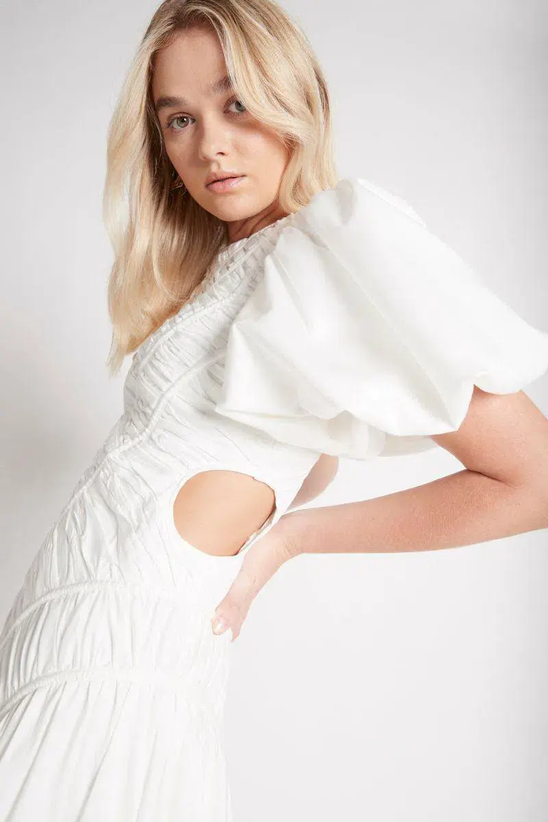 Aje Siren Drawstring Midi Dress Ivory Size 10 for rent on The Volte - main image