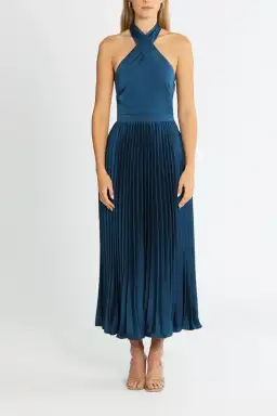Elle Zeitoune Pleated Halter Midi Dress in Blue Size 8