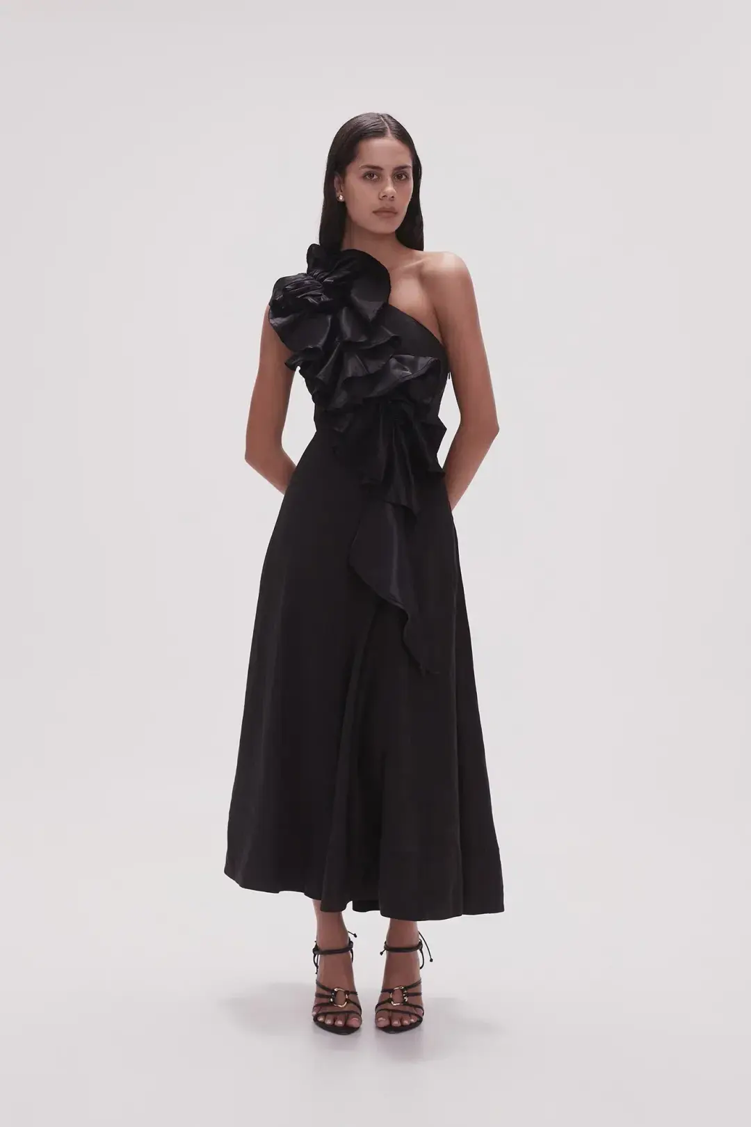 Aje Adelia Ruffle Midi Dress Black Size 16 for rent on The Volte - main image
