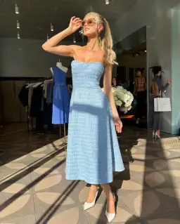 Scanlan Theodore Tweed Boucle Midi Dress Pale Blue Size 8 for rent on The Volte - image 2