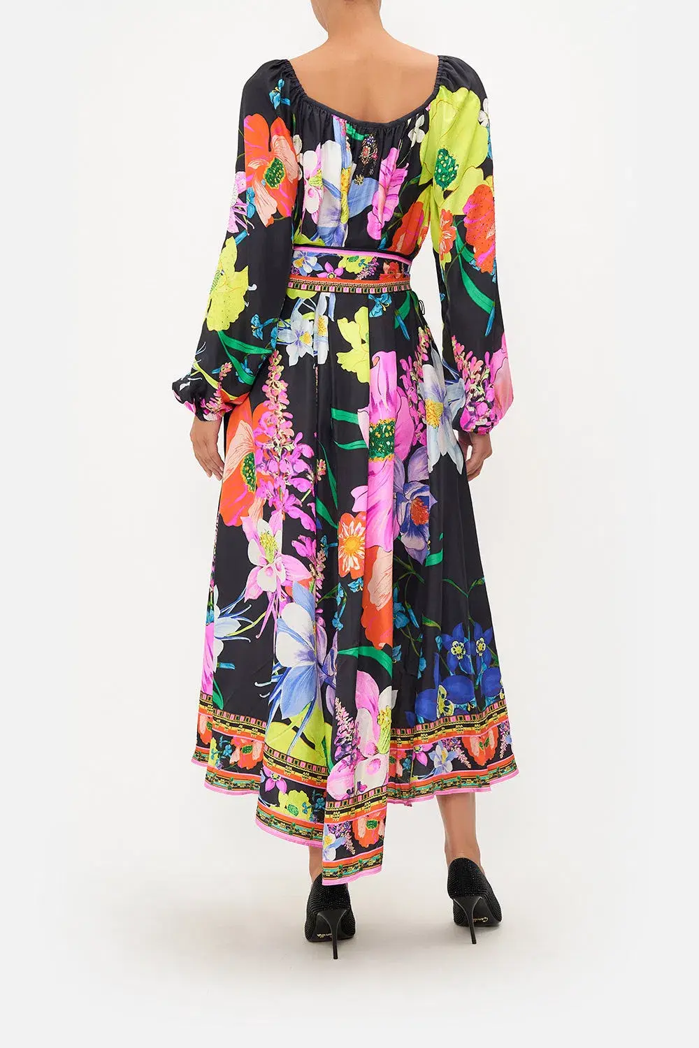 Camilla Gathered Flared Dress Black Floral Size 14 for rent on The Volte - main image